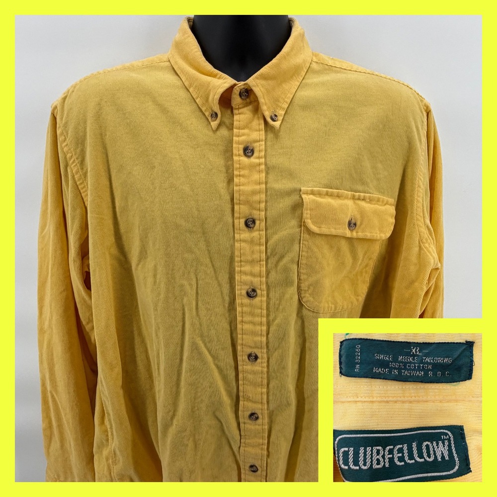 VTG Clubfellow Yellow Corduroy Shirt Mens XL Button Down‎ 90s Grandpacore Cotton